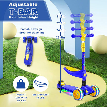 Eotvia 3 Wheel Scooter for Kids, Folding Kids Scooter with Seat, Blue Toddler Scooter with Adjustable Handlebar, Ride on Toys with Music Streamer LED Lights Rear Brake for Boys Girls Ages 3-5