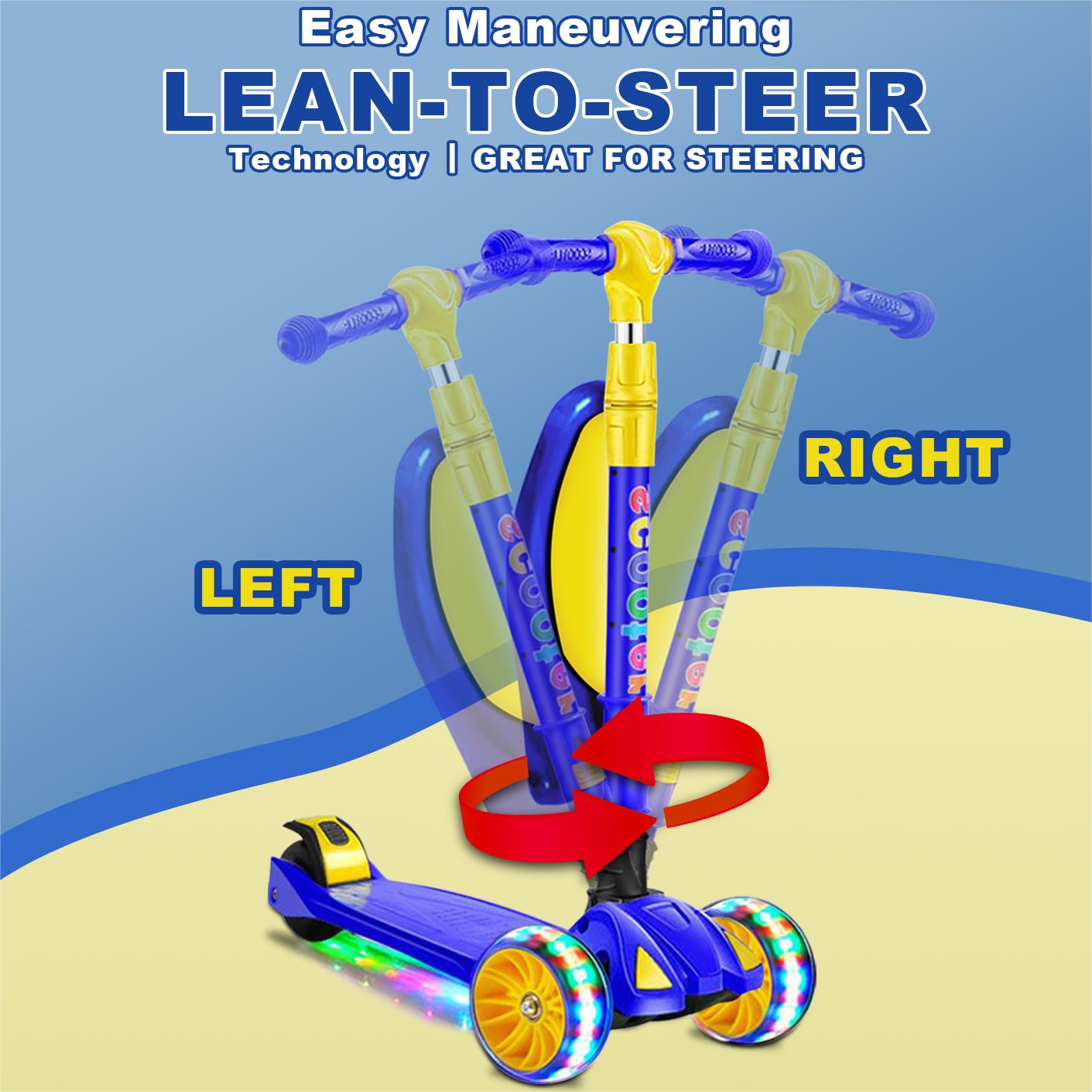 Eotvia 3 Wheel Scooter for Kids, Folding Kids Scooter with Seat, Blue Toddler Scooter with Adjustable Handlebar, Ride on Toys with Music Streamer LED Lights Rear Brake for Boys Girls Ages 3-5