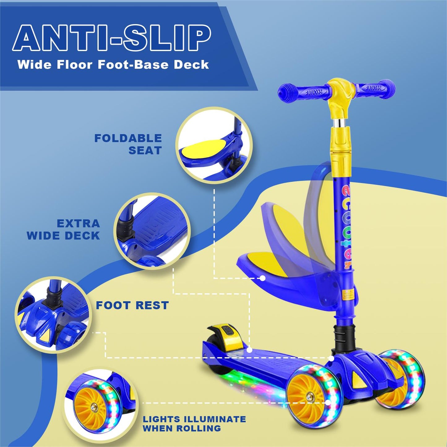 Eotvia 3 Wheel Scooter for Kids, Folding Kids Scooter with Seat, Blue Toddler Scooter with Adjustable Handlebar, Ride on Toys with Music Streamer LED Lights Rear Brake for Boys Girls Ages 3-5