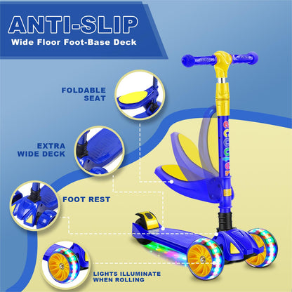 Eotvia 3 Wheel Scooter for Kids, Folding Kids Scooter with Seat, Blue Toddler Scooter with Adjustable Handlebar, Ride on Toys with Music Streamer LED Lights Rear Brake for Boys Girls Ages 3-5
