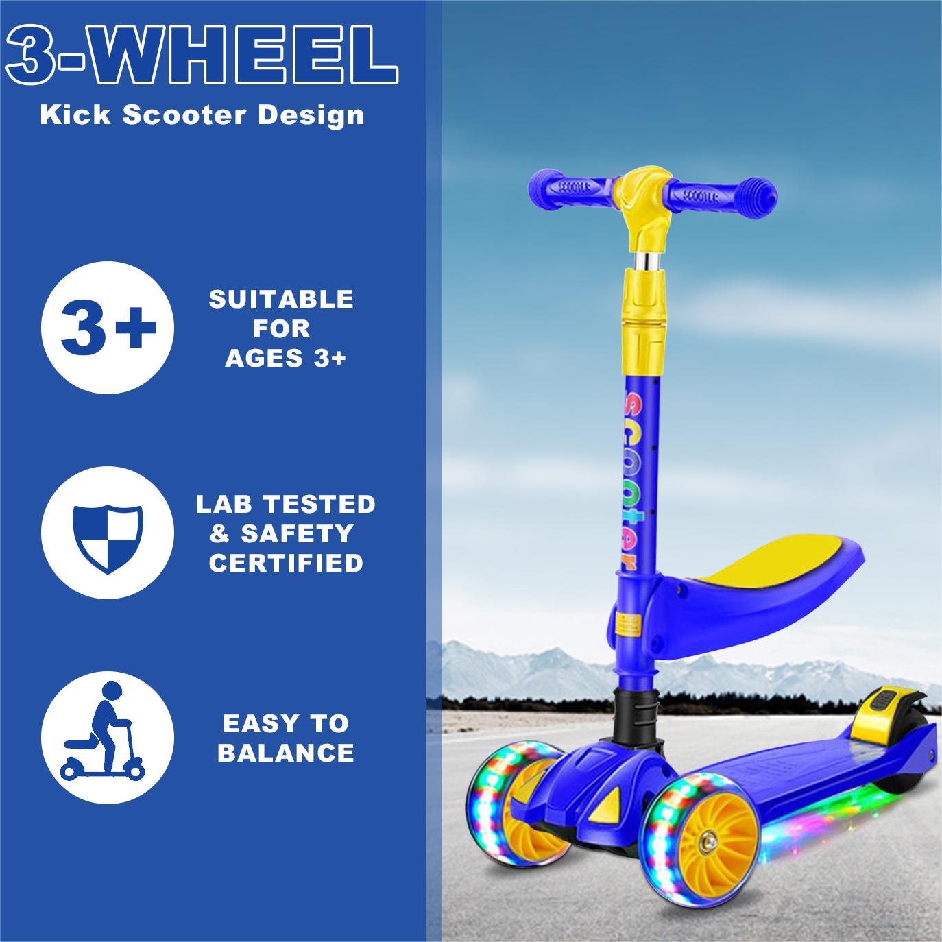 Eotvia 3 Wheel Scooter for Kids, Folding Kids Scooter with Seat, Blue Toddler Scooter with Adjustable Handlebar, Ride on Toys with Music Streamer LED Lights Rear Brake for Boys Girls Ages 3-5