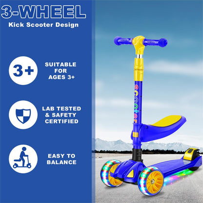 Eotvia 3 Wheel Scooter for Kids, Folding Kids Scooter with Seat, Blue Toddler Scooter with Adjustable Handlebar, Ride on Toys with Music Streamer LED Lights Rear Brake for Boys Girls Ages 3-5