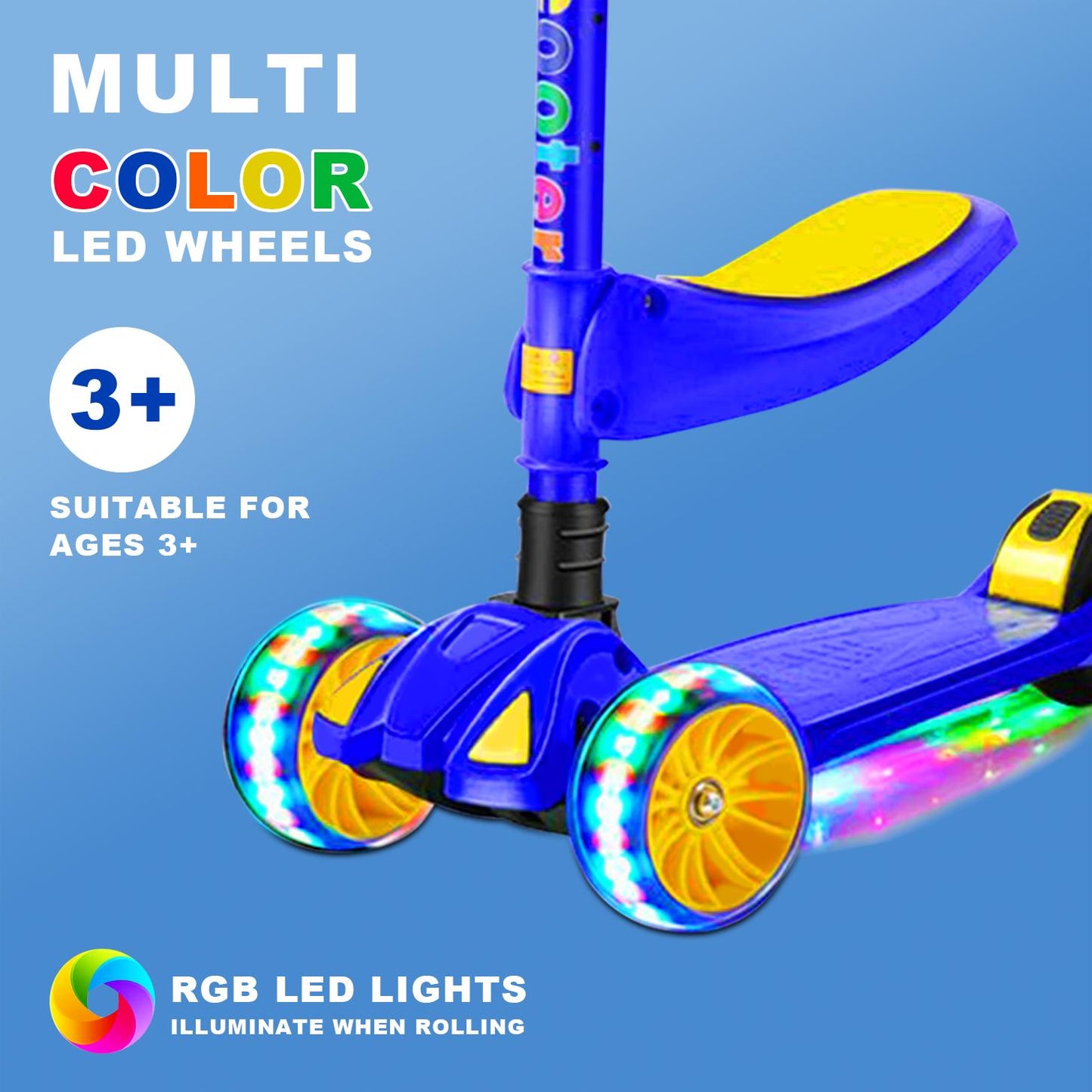Eotvia 3 Wheel Scooter for Kids, Folding Kids Scooter with Seat, Blue Toddler Scooter with Adjustable Handlebar, Ride on Toys with Music Streamer LED Lights Rear Brake for Boys Girls Ages 3-5