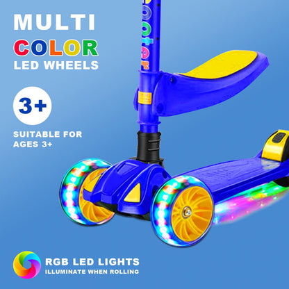 Eotvia 3 Wheel Scooter for Kids, Folding Kids Scooter with Seat, Blue Toddler Scooter with Adjustable Handlebar, Ride on Toys with Music Streamer LED Lights Rear Brake for Boys Girls Ages 3-5