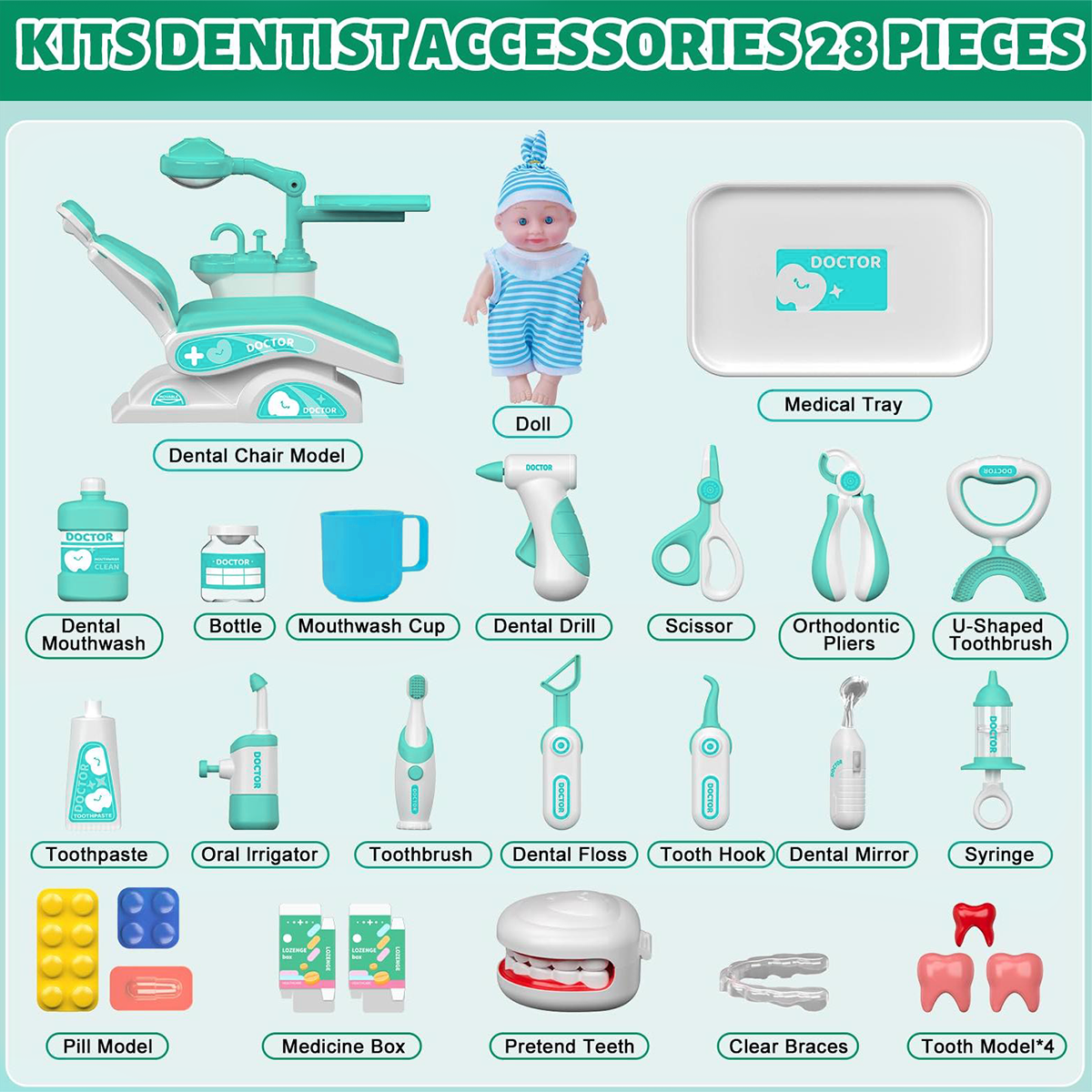 Doctor Kit for Toddlers 3-5, 31 PCS Pretend Dentist Play Set, Kids Doctors Playset, Medical Kit Toys Gifts for 3 4 5 6 Years Old Girls Boys(Green)