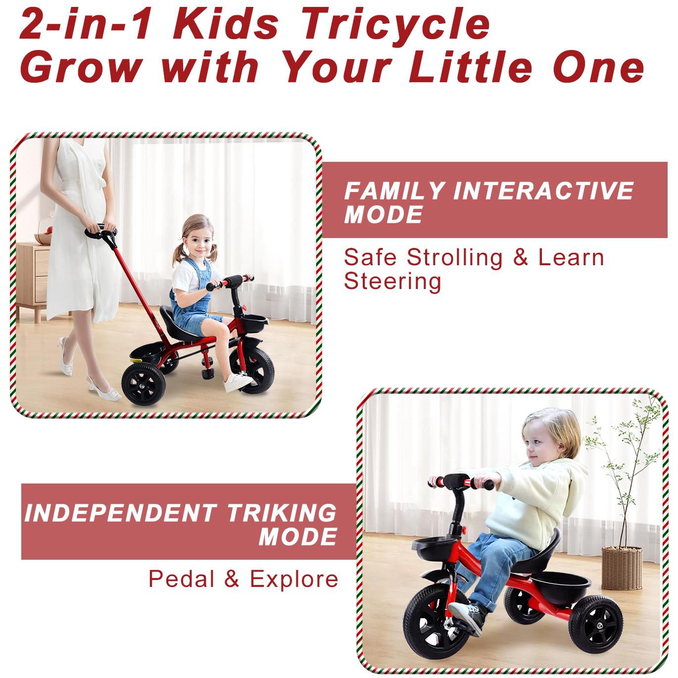 Tricycle for Kids, Toddler Tricycle with Push Handle, Toddler Bike for 1-4 Years Old Girls Boys, Kids Trike Beginner Tricycle with Adjustable Pedal and Storage Baskets, Baby Bike with Adjustable Seat