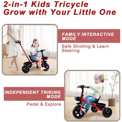 Tricycle for Kids, Toddler Tricycle with Push Handle, Toddler Bike for 1-4 Years Old Girls Boys, Kids Trike Beginner Tricycle with Adjustable Pedal and Storage Baskets, Baby Bike with Adjustable Seat