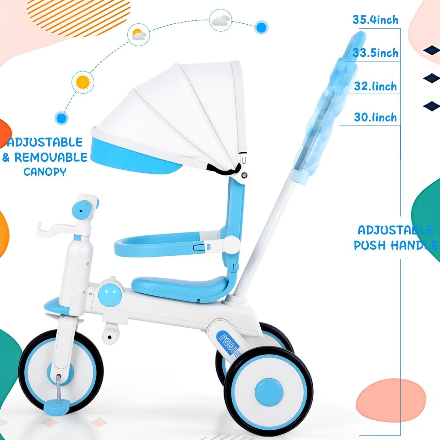 EOTVIA Tricycle for Kids, Toddler Tricycle with Light and Music, Kids Trike Beginner Tricycle with Removable Canopy, Baby Bike with Adjustable Push Handle, Toddler Bike for 1-4 Years Old Girls Boys