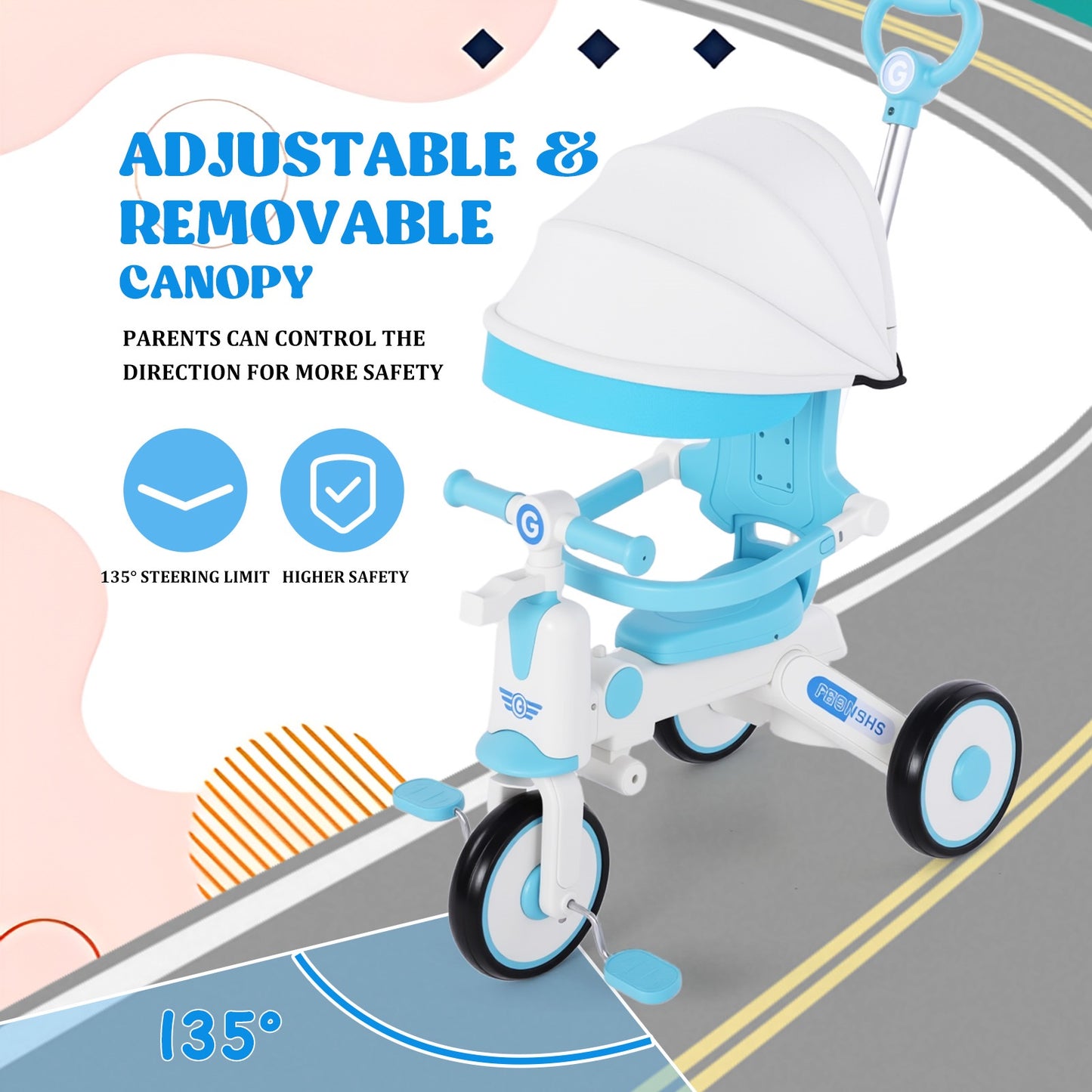 EOTVIA Tricycle for Kids, Toddler Tricycle with Light and Music, Kids Trike Beginner Tricycle with Removable Canopy, Baby Bike with Adjustable Push Handle, Toddler Bike for 1-4 Years Old Girls Boys