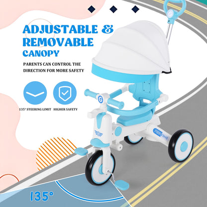 EOTVIA Tricycle for Kids, Toddler Tricycle with Light and Music, Kids Trike Beginner Tricycle with Removable Canopy, Baby Bike with Adjustable Push Handle, Toddler Bike for 1-4 Years Old Girls Boys