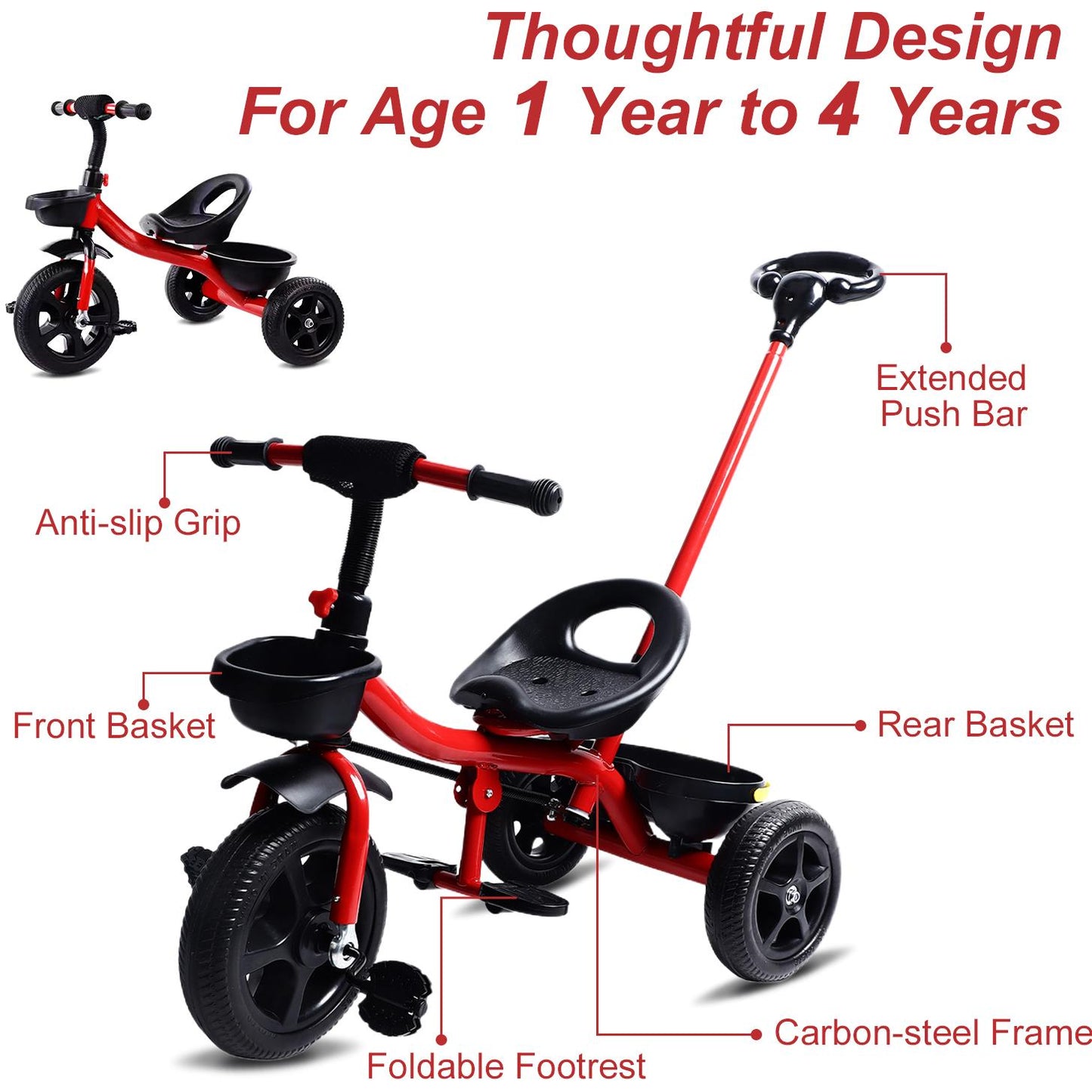Tricycle for Kids, Toddler Tricycle with Push Handle, Toddler Bike for 1-4 Years Old Girls Boys, Kids Trike Beginner Tricycle with Adjustable Pedal and Storage Baskets, Baby Bike with Adjustable Seat