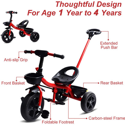 Tricycle for Kids, Toddler Tricycle with Push Handle, Toddler Bike for 1-4 Years Old Girls Boys, Kids Trike Beginner Tricycle with Adjustable Pedal and Storage Baskets, Baby Bike with Adjustable Seat