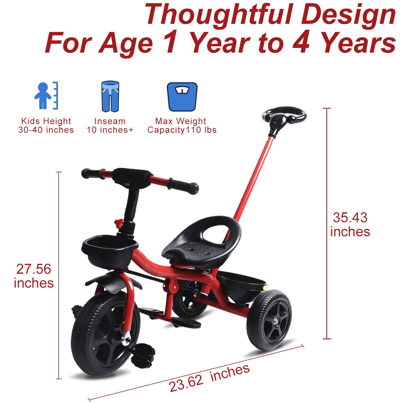 Tricycle for Kids, Toddler Tricycle with Push Handle, Toddler Bike for 1-4 Years Old Girls Boys, Kids Trike Beginner Tricycle with Adjustable Pedal and Storage Baskets, Baby Bike with Adjustable Seat