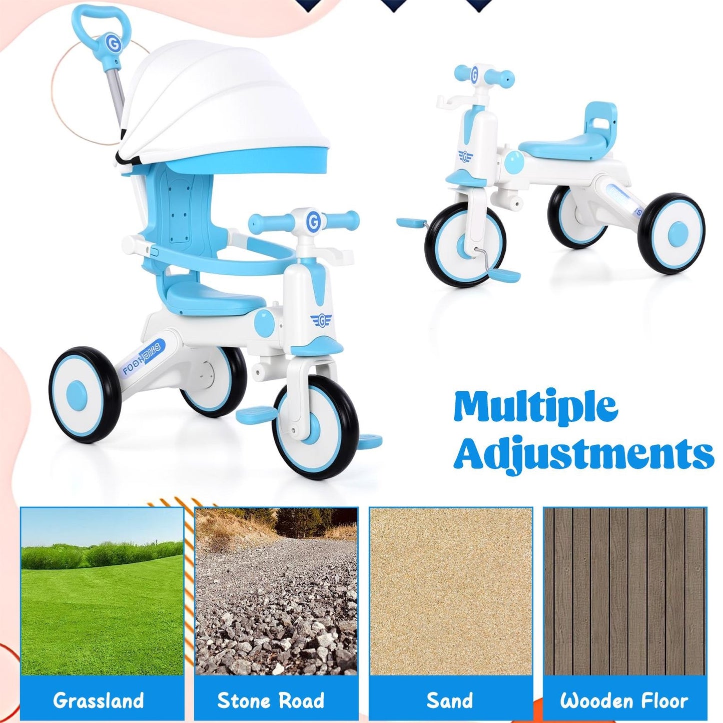 EOTVIA Tricycle for Kids, Toddler Tricycle with Light and Music, Kids Trike Beginner Tricycle with Removable Canopy, Baby Bike with Adjustable Push Handle, Toddler Bike for 1-4 Years Old Girls Boys