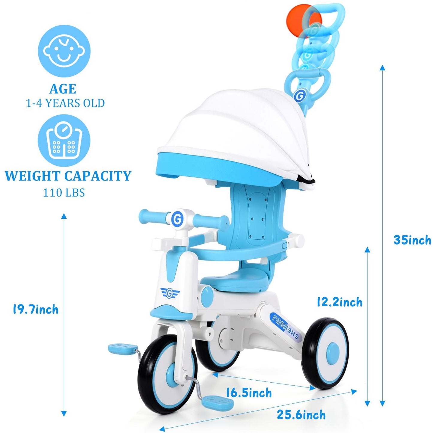 EOTVIA Tricycle for Kids, Toddler Tricycle with Light and Music, Kids Trike Beginner Tricycle with Removable Canopy, Baby Bike with Adjustable Push Handle, Toddler Bike for 1-4 Years Old Girls Boys