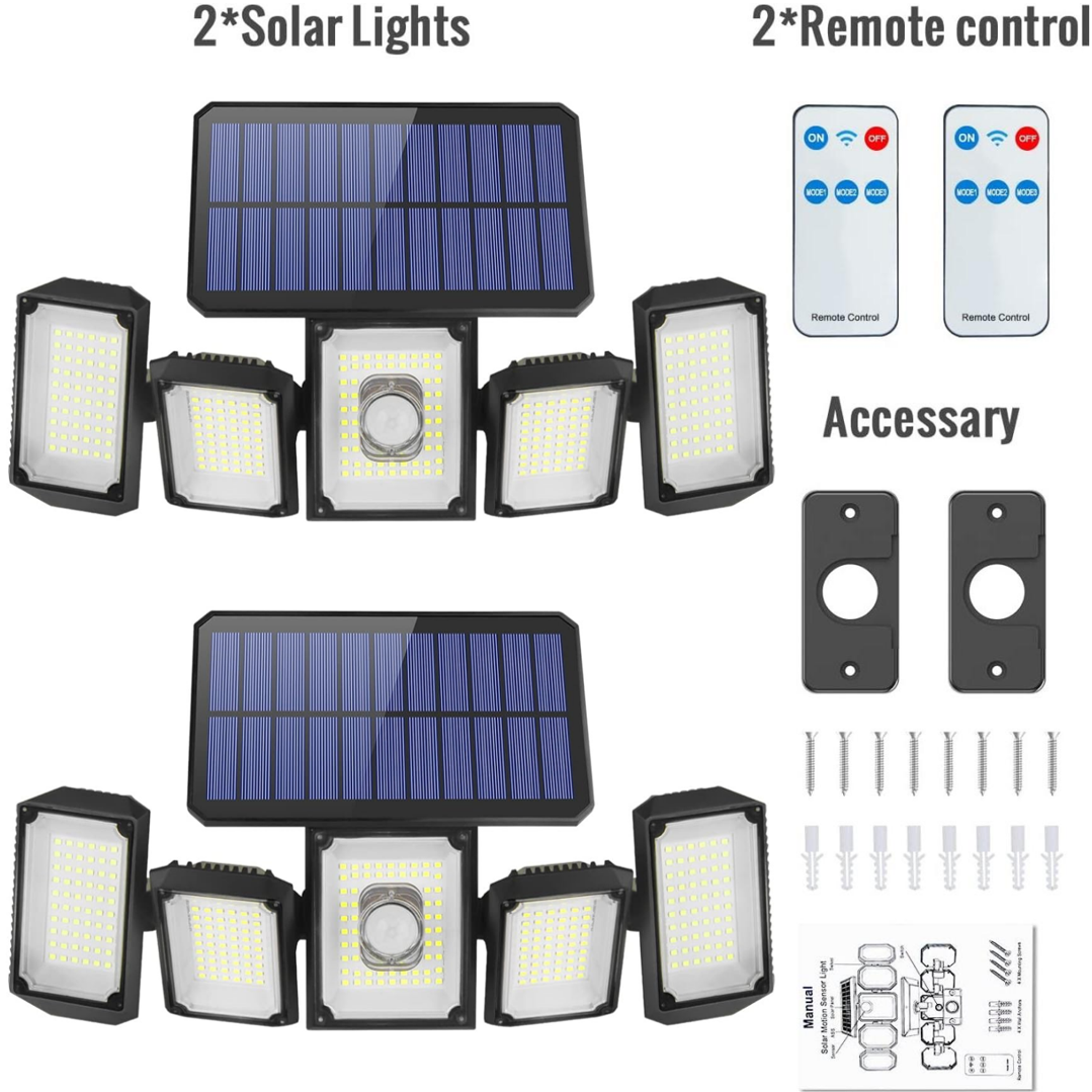 2Pack Solar Lights Outdoor, 300 LED IP65 Waterproof Motion Sensor Security Lights with Remote Control, 2835LM 360 Degree Rotable Solar Flood Lights for Patio Garage Yard Entryways Outdoor Lighting