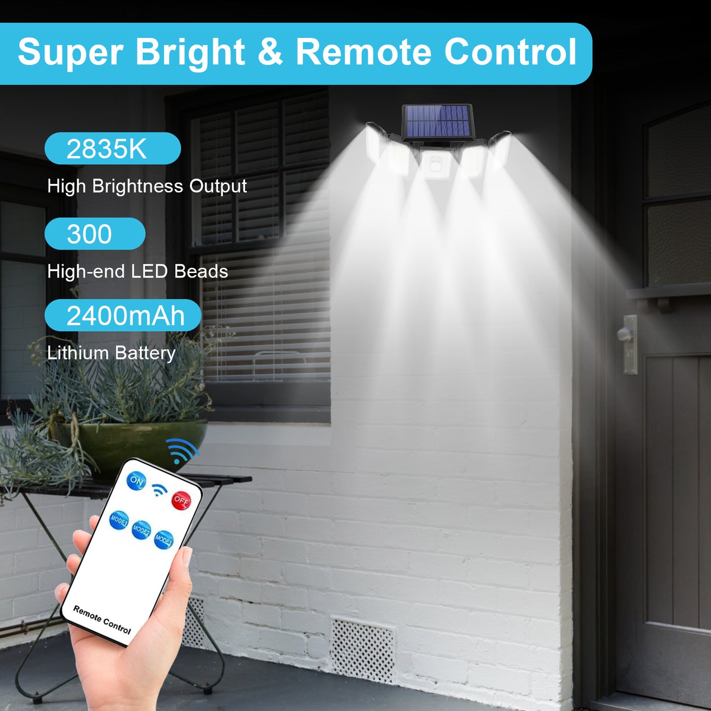 2Pack Solar Lights Outdoor, 300 LED IP65 Waterproof Motion Sensor Security Lights with Remote Control, 2835LM 360 Degree Rotable Solar Flood Lights for Patio Garage Yard Entryways Outdoor Lighting