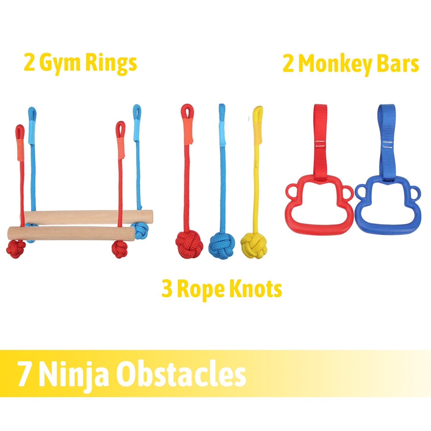 50ft Ninja Warrior Obstacle Course for Kids, Slackline with 2 Gym Rings, 2 Monkey Bars, 3 Rope Knots, 9 Carabiners, 2 Storage Bags, Portable Outdoor Course Training Equipment Set for Backyard