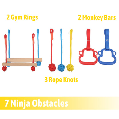 50ft Ninja Warrior Obstacle Course for Kids, Slackline with 2 Gym Rings, 2 Monkey Bars, 3 Rope Knots, 9 Carabiners, 2 Storage Bags, Portable Outdoor Course Training Equipment Set for Backyard