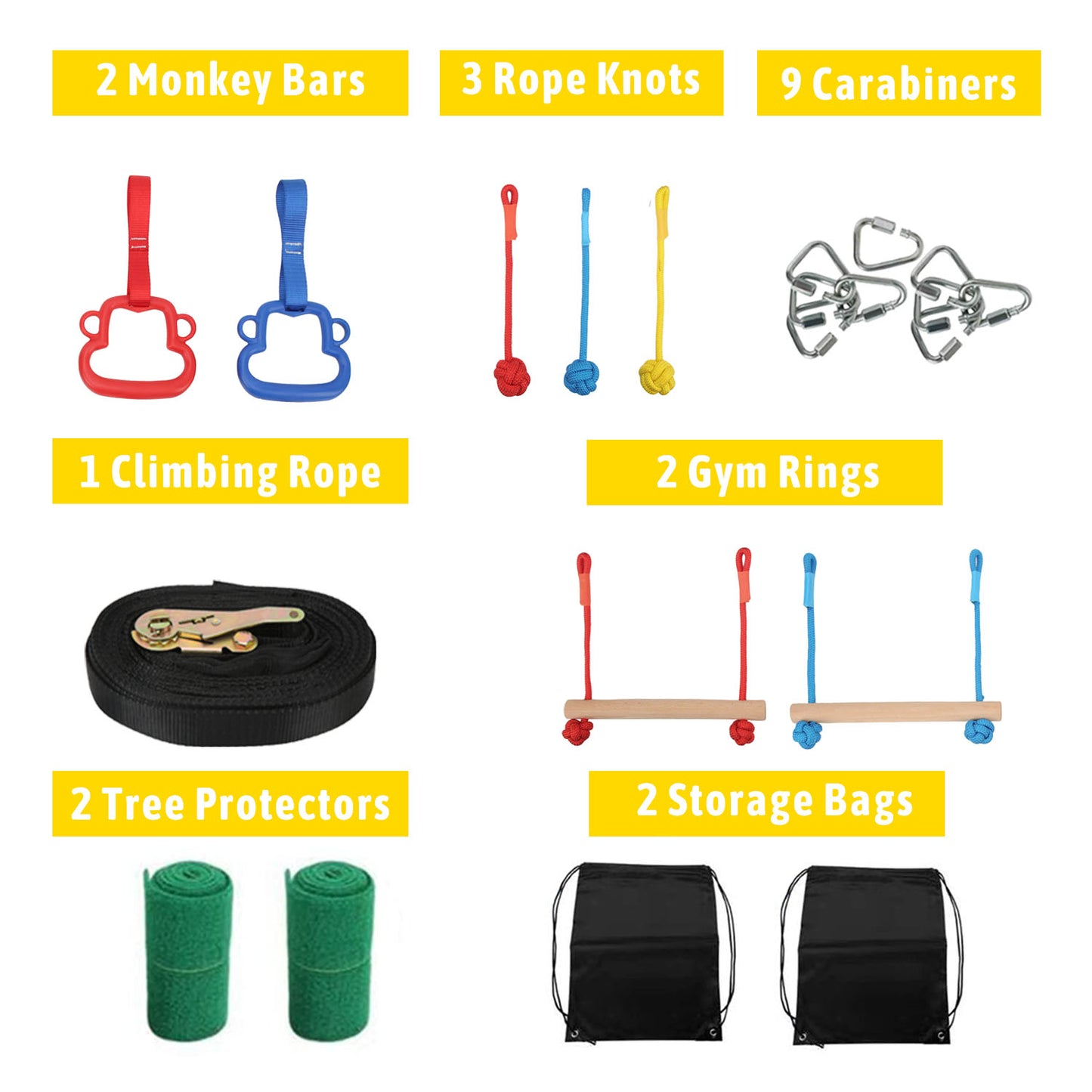 50ft Ninja Warrior Obstacle Course for Kids, Slackline with 2 Gym Rings, 2 Monkey Bars, 3 Rope Knots, 9 Carabiners, 2 Storage Bags, Portable Outdoor Course Training Equipment Set for Backyard
