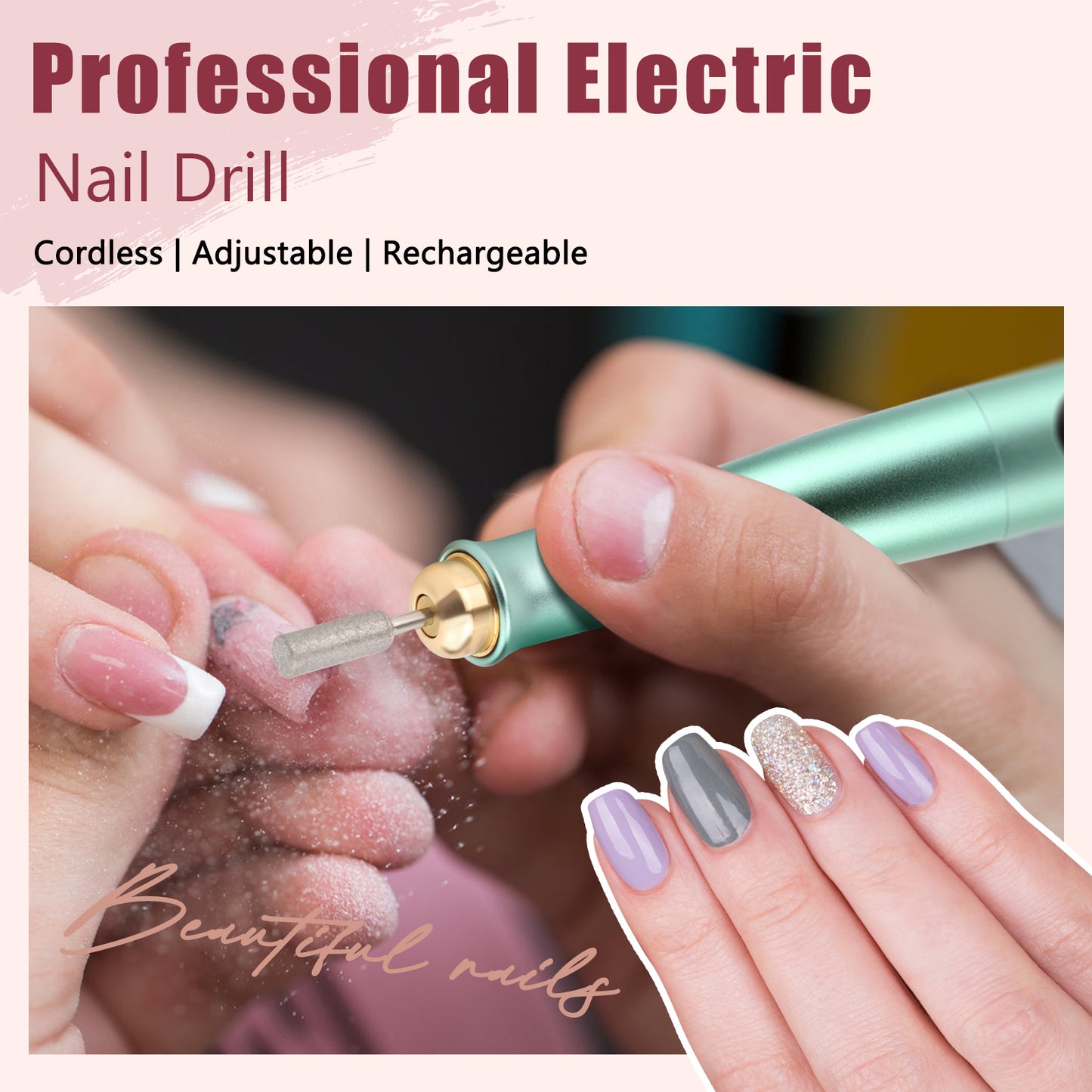 Cordless Electric Nail Drill LED Display Professional 5 Speed Adjustable Manicure Grinding Tools Quiet Nail File Machine with Sanding Bands Drill Bits