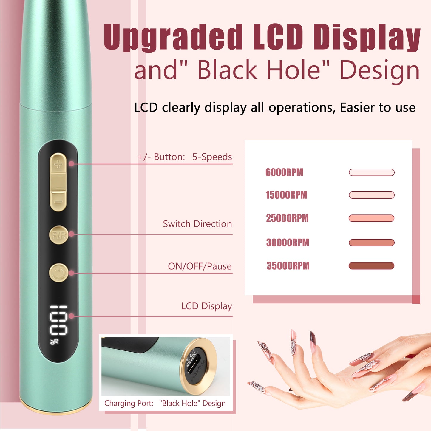 Cordless Electric Nail Drill LED Display Professional 5 Speed Adjustable Manicure Grinding Tools Quiet Nail File Machine with Sanding Bands Drill Bits