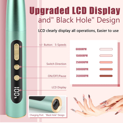 Cordless Electric Nail Drill LED Display Professional 5 Speed Adjustable Manicure Grinding Tools Quiet Nail File Machine with Sanding Bands Drill Bits