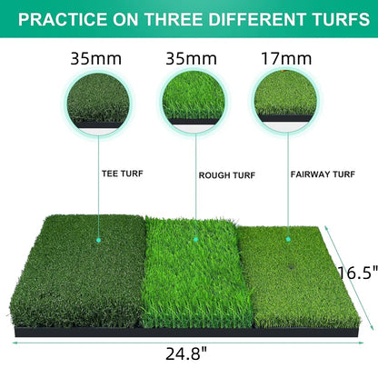 Professional Tri-Turf Golf Hitting Mat, 3-in-1 Foldable Golf Practice Mat, Heavy Duty Rubber Backing Portable Golf Practice Grass Mat for Indoor Outdoor Training Swing Chipping