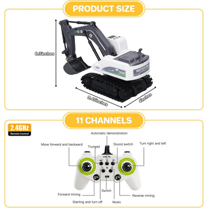 Remote Control Excavator, 11 Channel RC Excavator Toys, RC Construction Vehicles Toys with Lights, Music and 2 Rechargeable Batteries, Mini Construction Toys Best Gifts for Kids 3-12 Years Old