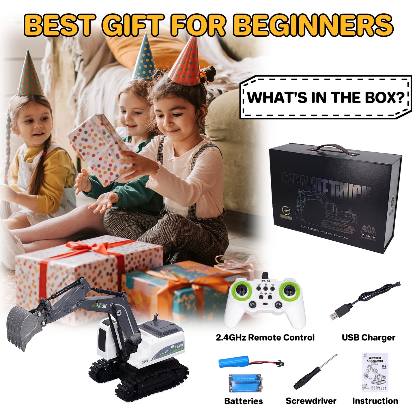 Remote Control Excavator, 11 Channel RC Excavator Toys, RC Construction Vehicles Toys with Lights, Music and 2 Rechargeable Batteries, Mini Construction Toys Best Gifts for Kids 3-12 Years Old