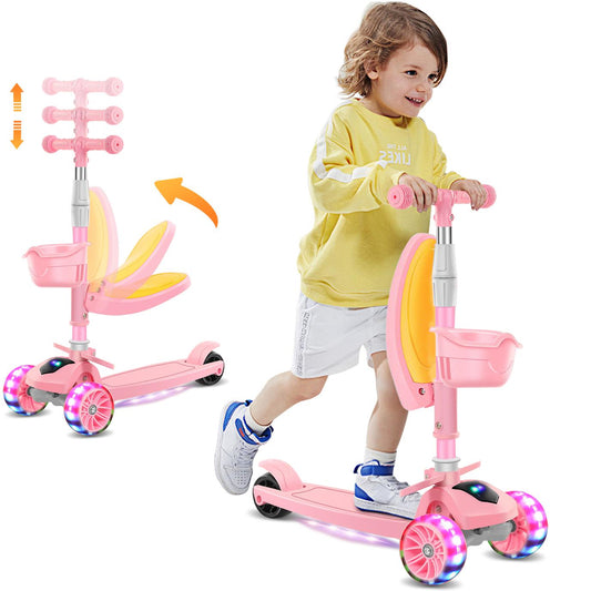 Eotvia 3 Wheel Scooter for Kids, Folding Kids Scooter with Seat, Pink Toddler Scooter with Adjustable Handlebar, Ride on Toys with Music Streamer LED Lights Rear Brake for Boys Girls Ages 3-5