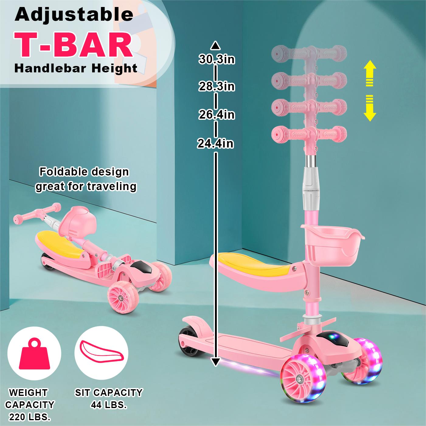 Eotvia 3 Wheel Scooter for Kids, Folding Kids Scooter with Seat, Pink Toddler Scooter with Adjustable Handlebar, Ride on Toys with Music Streamer LED Lights Rear Brake for Boys Girls Ages 3-5