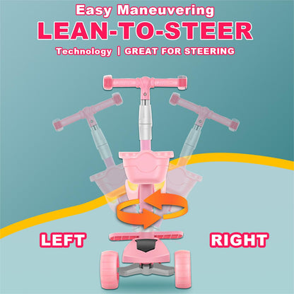 Eotvia 3 Wheel Scooter for Kids, Folding Kids Scooter with Seat, Pink Toddler Scooter with Adjustable Handlebar, Ride on Toys with Music Streamer LED Lights Rear Brake for Boys Girls Ages 3-5