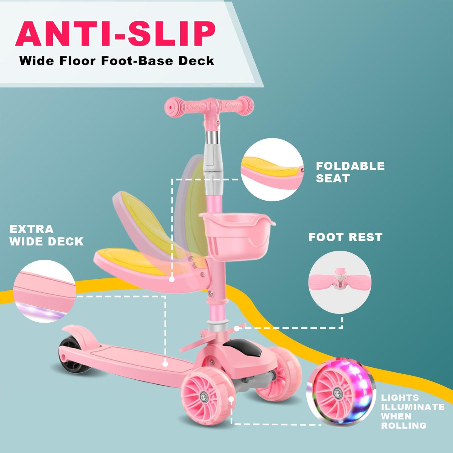 Eotvia 3 Wheel Scooter for Kids, Folding Kids Scooter with Seat, Pink Toddler Scooter with Adjustable Handlebar, Ride on Toys with Music Streamer LED Lights Rear Brake for Boys Girls Ages 3-5