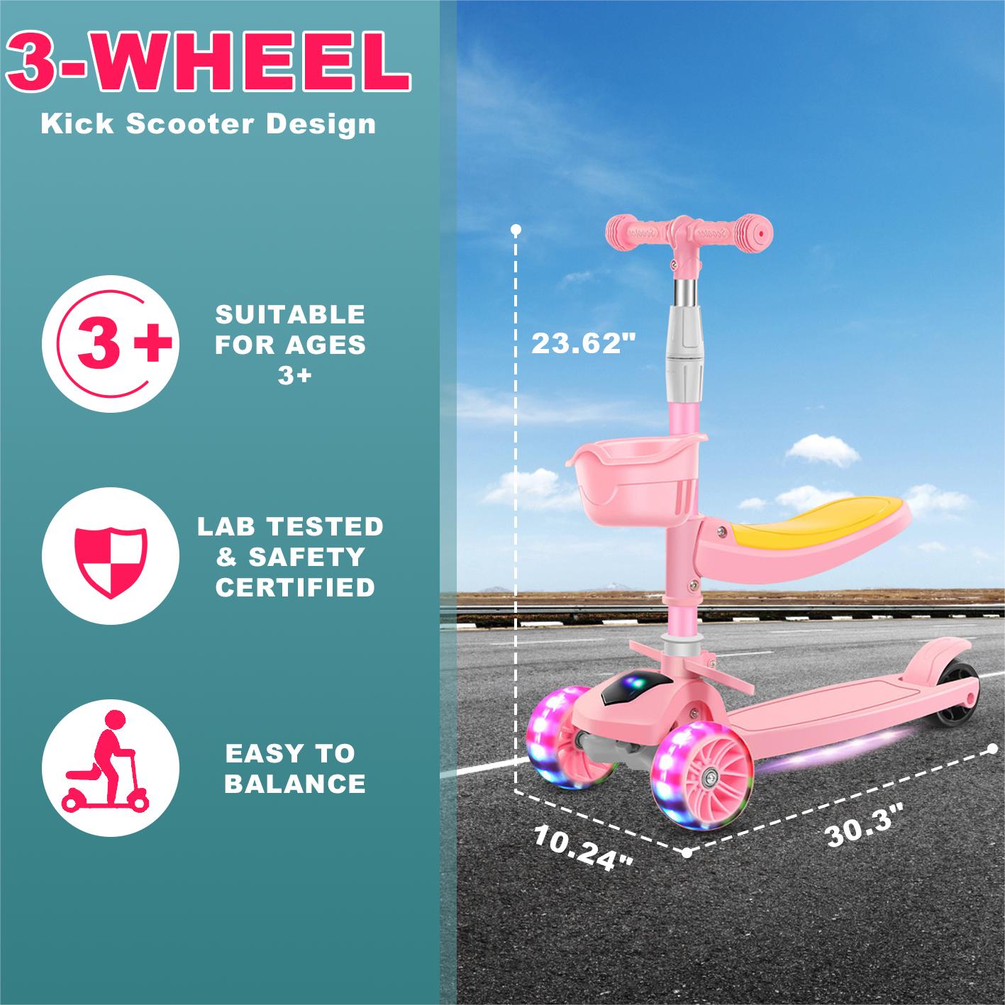 Eotvia 3 Wheel Scooter for Kids, Folding Kids Scooter with Seat, Pink Toddler Scooter with Adjustable Handlebar, Ride on Toys with Music Streamer LED Lights Rear Brake for Boys Girls Ages 3-5