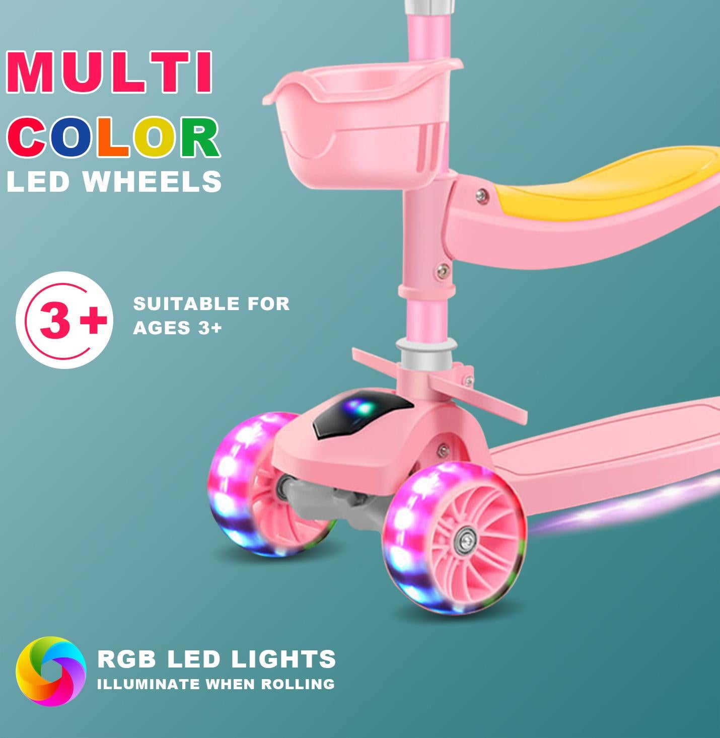Eotvia 3 Wheel Scooter for Kids, Folding Kids Scooter with Seat, Pink Toddler Scooter with Adjustable Handlebar, Ride on Toys with Music Streamer LED Lights Rear Brake for Boys Girls Ages 3-5