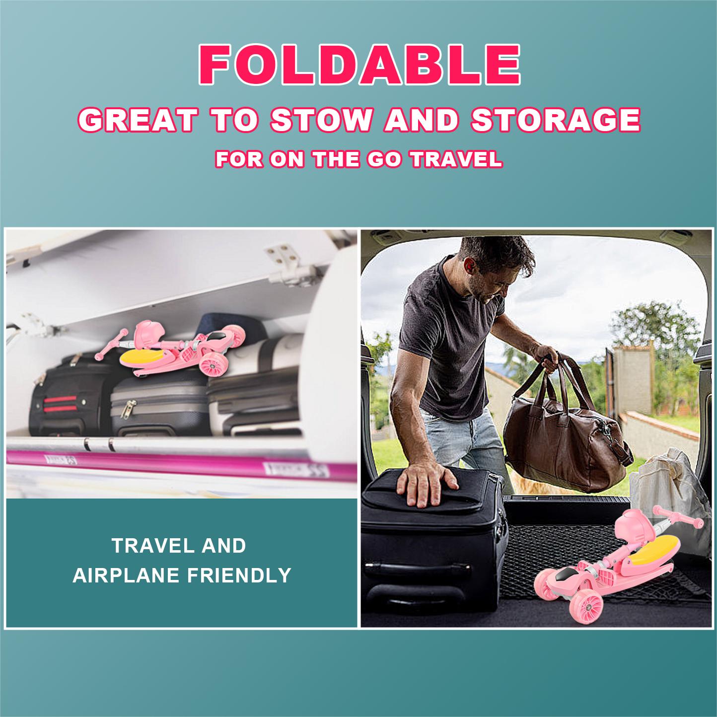 Eotvia 3 Wheel Scooter for Kids, Folding Kids Scooter with Seat, Pink Toddler Scooter with Adjustable Handlebar, Ride on Toys with Music Streamer LED Lights Rear Brake for Boys Girls Ages 3-5