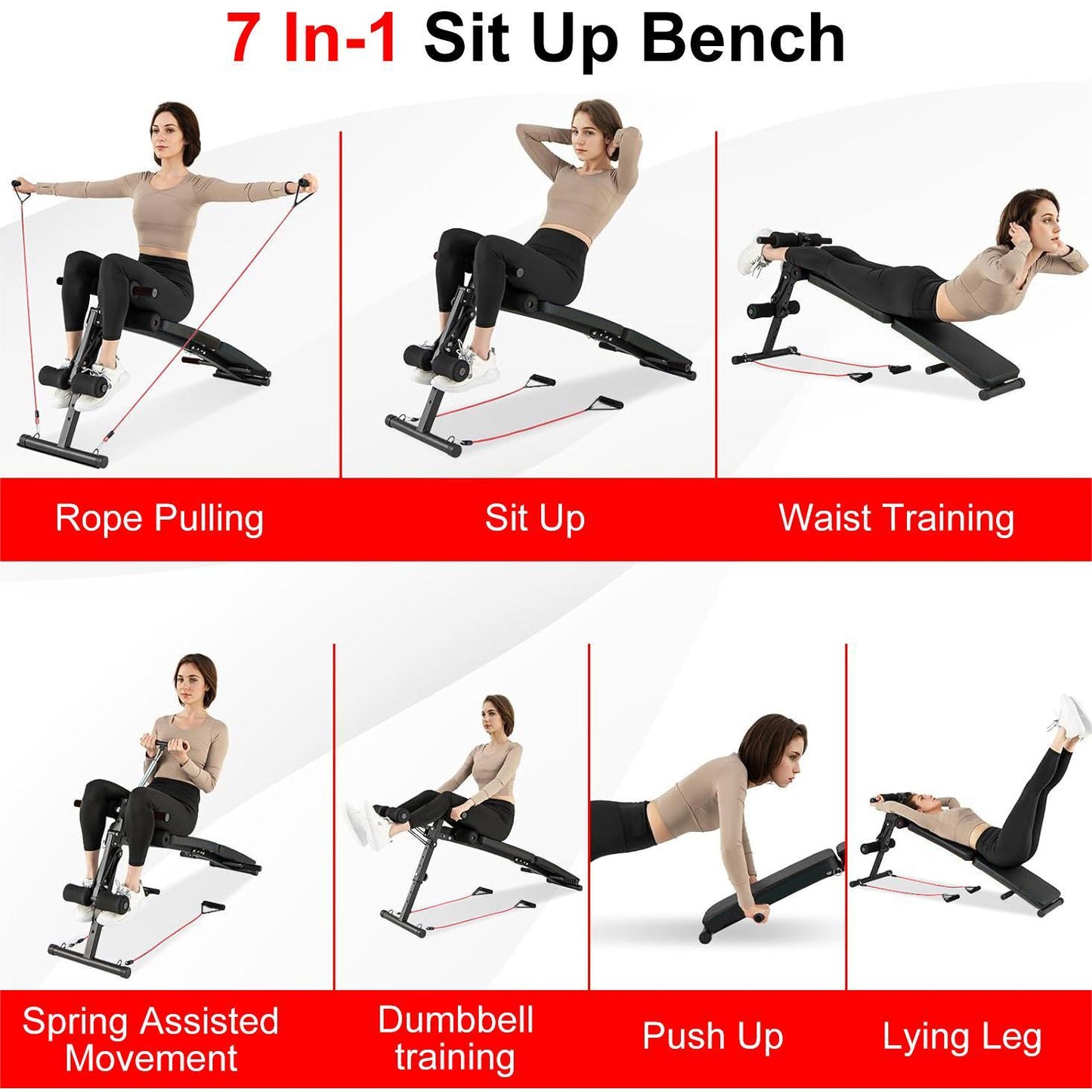 Eotvia Adjustable Weight Bench, Sit up Bench with Resistance Bands, Sturdy Durable Folding Weight Bench Fitness Bench Workout Bench for Home Gym, Sit-up Board Curved Decline Bench, Max Holds 300 lbs