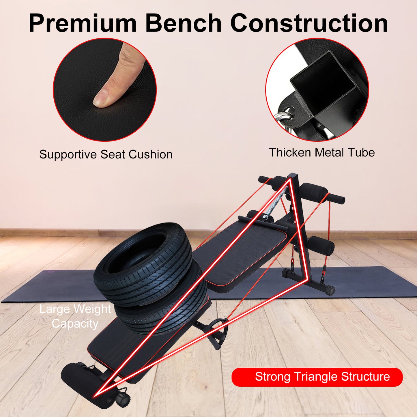 Eotvia Adjustable Weight Bench, Sit up Bench with Resistance Bands, Sturdy Durable Folding Weight Bench Fitness Bench Workout Bench for Home Gym, Sit-up Board Curved Decline Bench, Max Holds 300 lbs