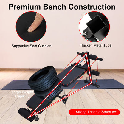 Eotvia Adjustable Weight Bench, Sit up Bench with Resistance Bands, Sturdy Durable Folding Weight Bench Fitness Bench Workout Bench for Home Gym, Sit-up Board Curved Decline Bench, Max Holds 300 lbs