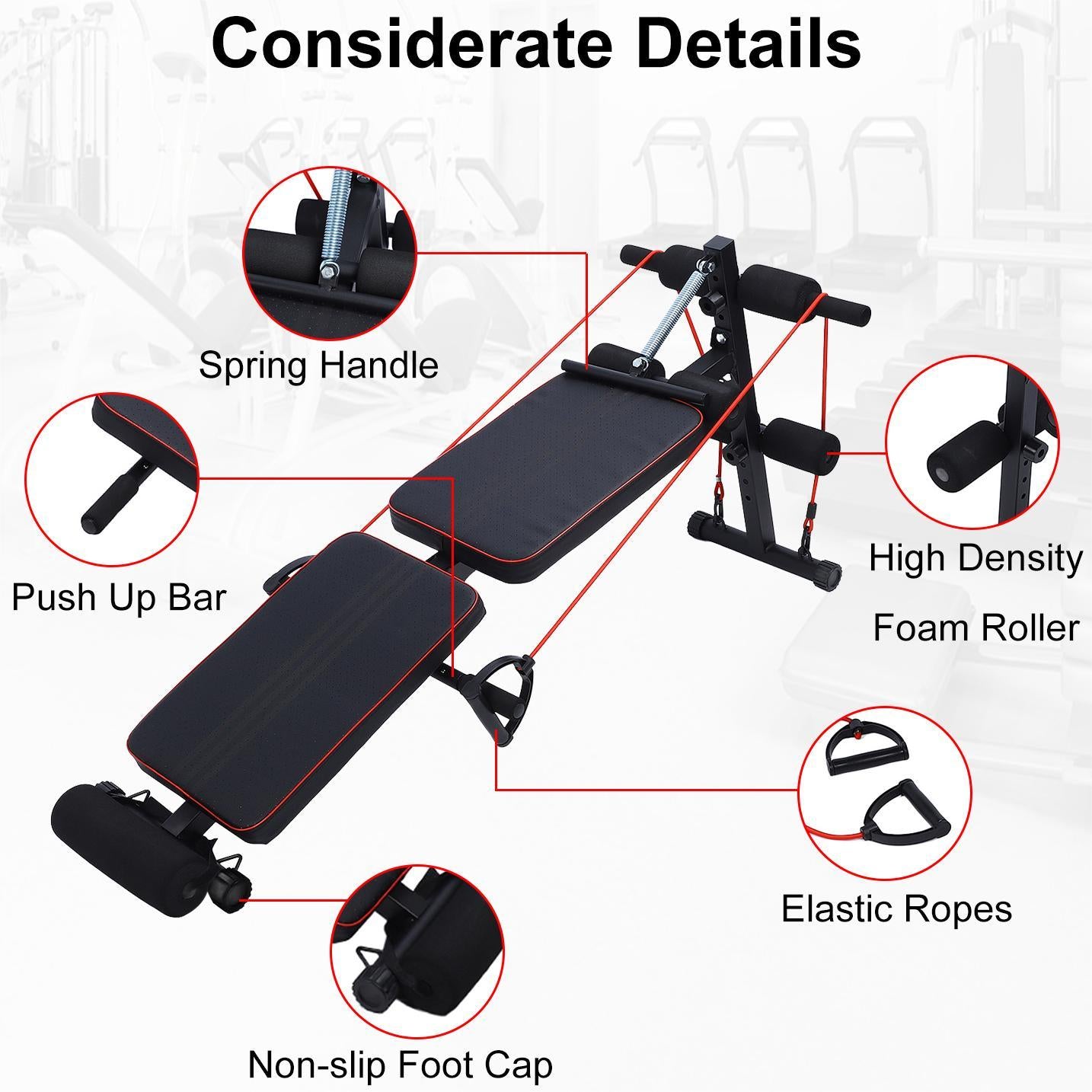 Eotvia Adjustable Weight Bench, Sit up Bench with Resistance Bands, Sturdy Durable Folding Weight Bench Fitness Bench Workout Bench for Home Gym, Sit-up Board Curved Decline Bench, Max Holds 300 lbs
