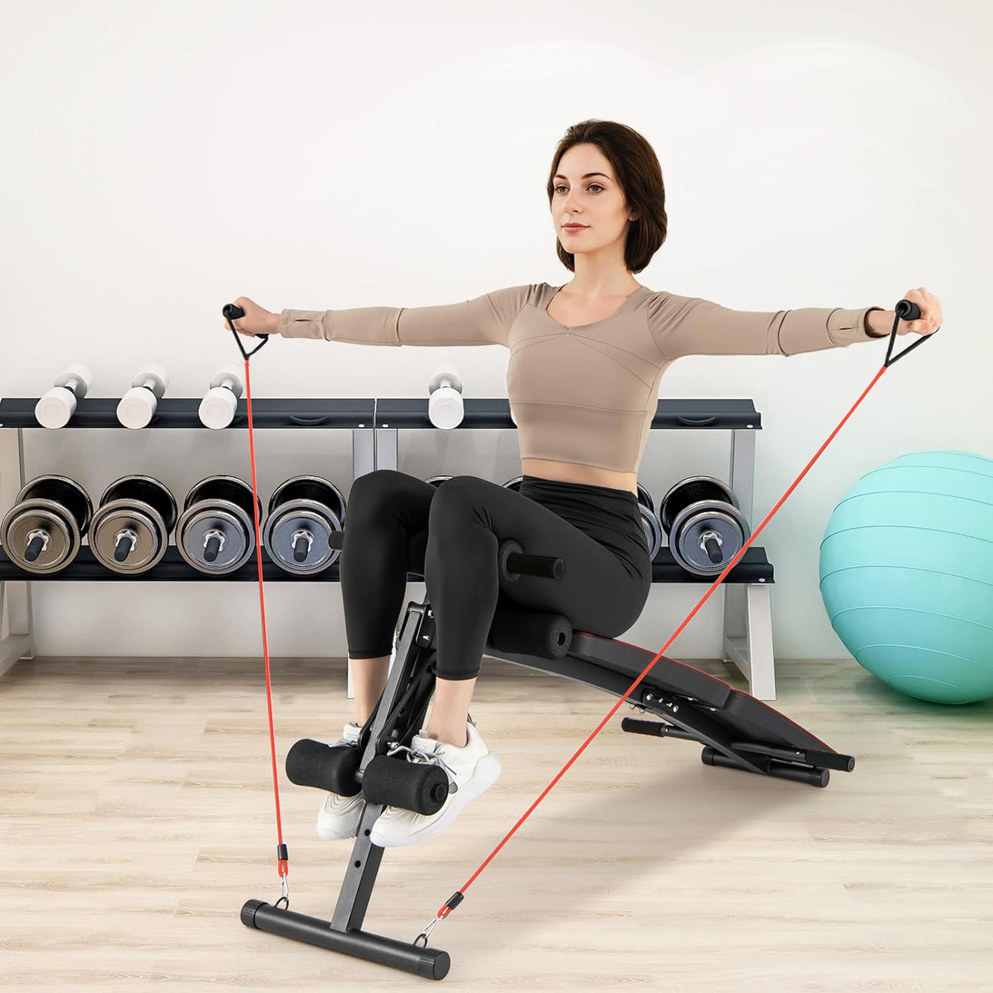 Eotvia Adjustable Weight Bench, Sit up Bench with Resistance Bands, Sturdy Durable Folding Weight Bench Fitness Bench Workout Bench for Home Gym, Sit-up Board Curved Decline Bench, Max Holds 300 lbs