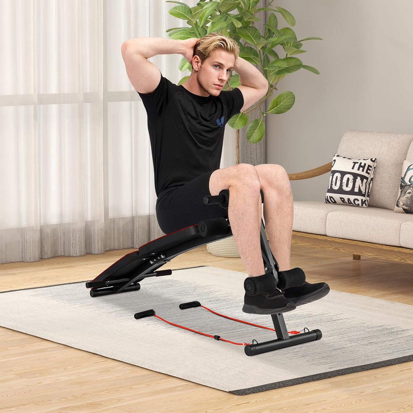 Eotvia Adjustable Weight Bench, Sit up Bench with Resistance Bands, Sturdy Durable Folding Weight Bench Fitness Bench Workout Bench for Home Gym, Sit-up Board Curved Decline Bench, Max Holds 300 lbs