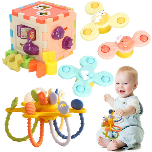 3 in 1 Kids Toy Set with Shape Sorter, Baby Teething, Suction Cup Toys for Infants Toddlers, BPA Baby Shape Sorter Toy Sensory & Pull String Toys for Boys Girls Motor Skill Hand-Eye Coordination