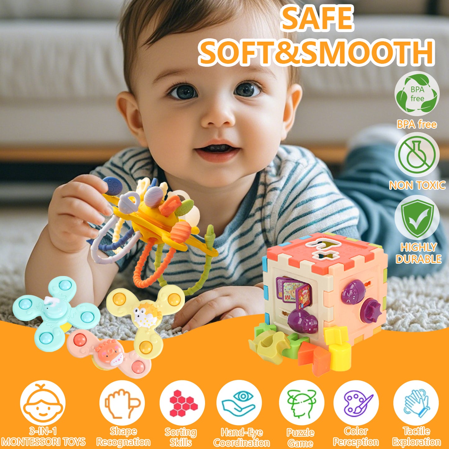 3 in 1 Kids Toy Set with Shape Sorter, Baby Teething, Suction Cup Toys for Infants Toddlers, BPA Baby Shape Sorter Toy Sensory & Pull String Toys for Boys Girls Motor Skill Hand-Eye Coordination