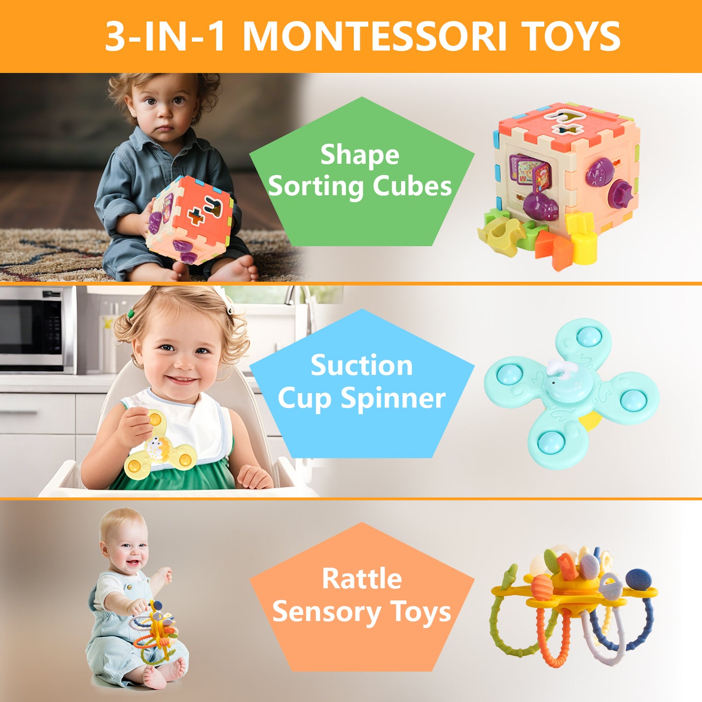 3 in 1 Kids Toy Set with Shape Sorter, Baby Teething, Suction Cup Toys for Infants Toddlers, BPA Baby Shape Sorter Toy Sensory & Pull String Toys for Boys Girls Motor Skill Hand-Eye Coordination
