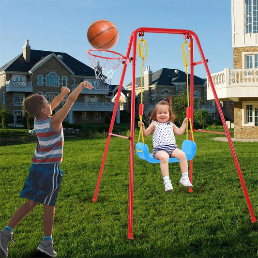 Swing Sets for Kids, Heavy Duty Metal Swing Sets with Basketball Hoop, Outdoor Kids Playsets for Playground, Outdoor Kids Swing Sets with Ground Stakes, Outside Toys for Kids Girls Boys Ages 3-10
