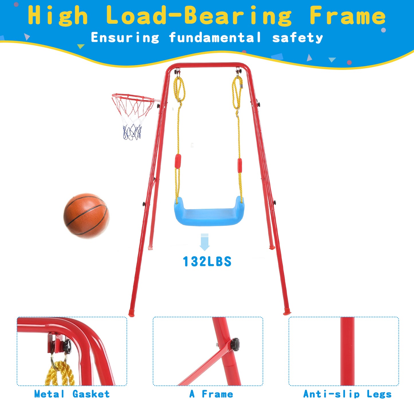 Swing Sets for Kids, Heavy Duty Metal Swing Sets with Basketball Hoop, Outdoor Kids Playsets for Playground, Outdoor Kids Swing Sets with Ground Stakes, Outside Toys for Kids Girls Boys Ages 3-10