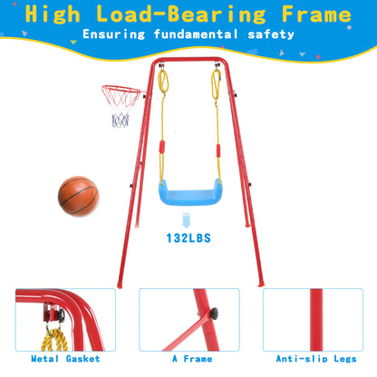 Swing Sets for Kids, Heavy Duty Metal Swing Sets with Basketball Hoop, Outdoor Kids Playsets for Playground, Outdoor Kids Swing Sets with Ground Stakes, Outside Toys for Kids Girls Boys Ages 3-10