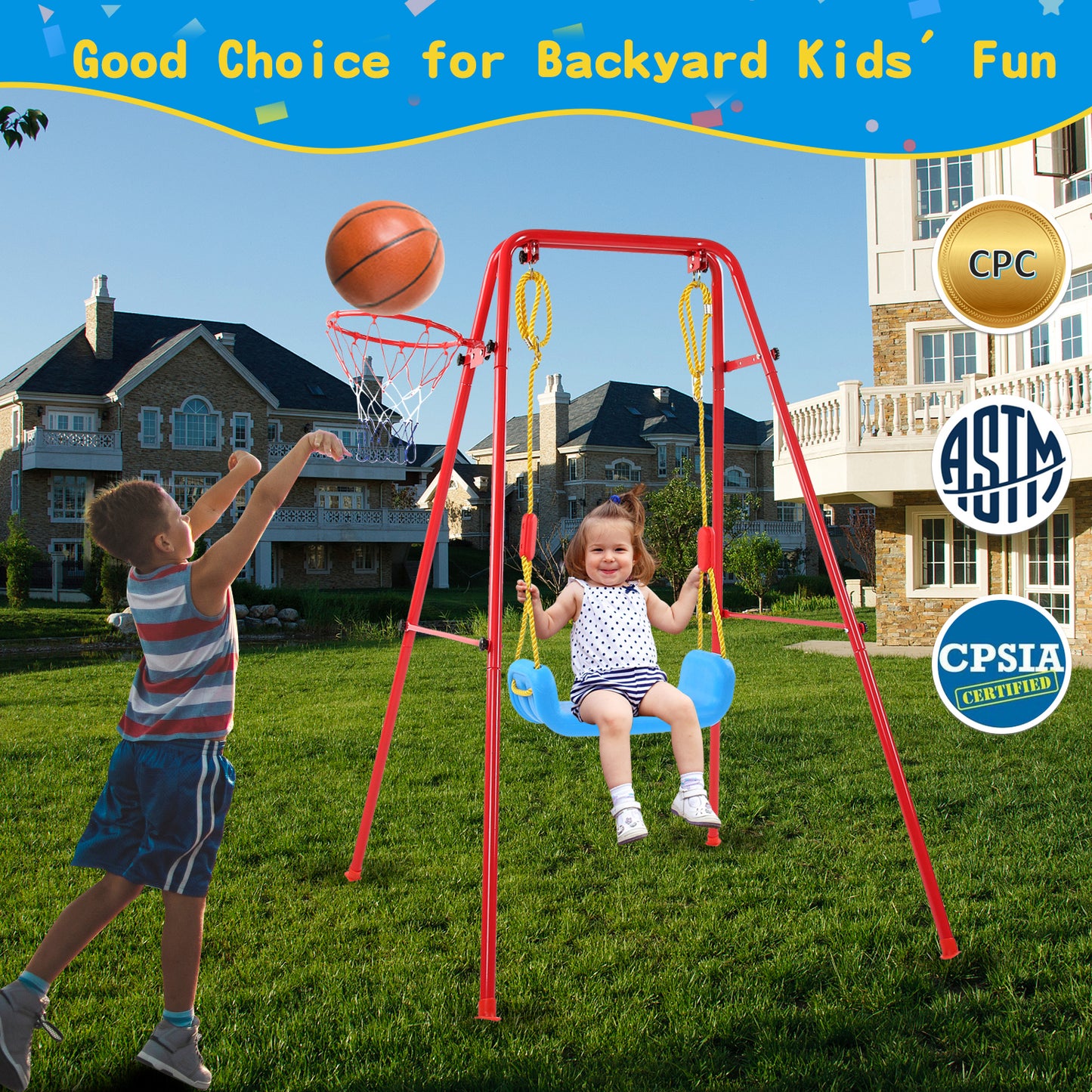 Swing Sets for Kids, Heavy Duty Metal Swing Sets with Basketball Hoop, Outdoor Kids Playsets for Playground, Outdoor Kids Swing Sets with Ground Stakes, Outside Toys for Kids Girls Boys Ages 3-10